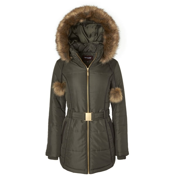 Womens Down Alternative Long Belted Puffer Coat with Fur Trim Detachable Hood